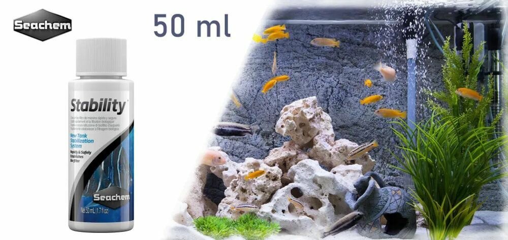 Бактерии Seachem Stability 50мл на 800 л - живые бактерии для воды, расход 5мл на 80л для морской и пресной воды - фотография № 1