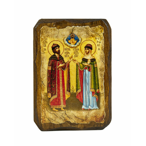 Икона под старину на состаренном дереве Благоверные Петр и Феврония Муромские 10х7 см