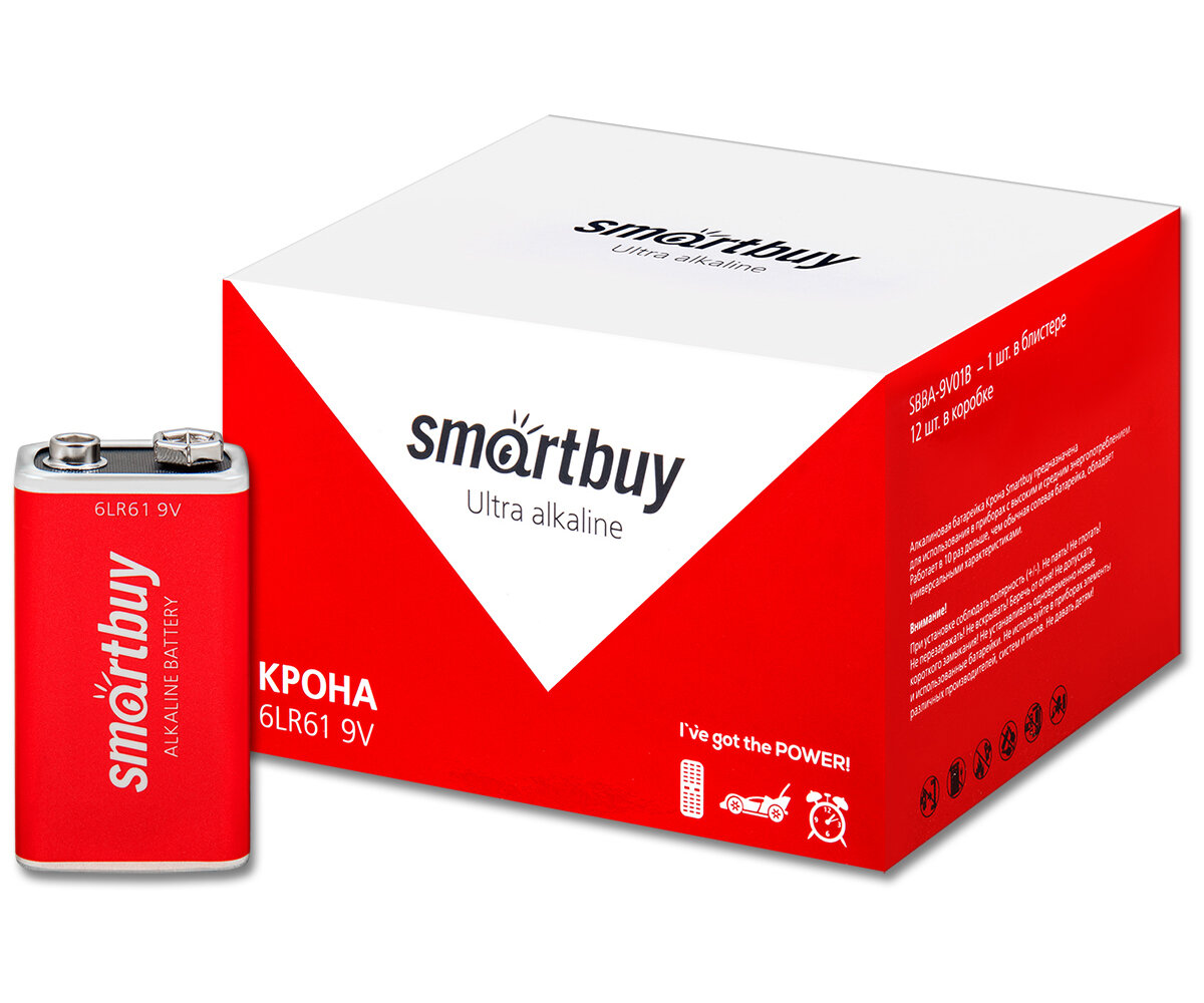 Батарейка алкалиновая Krona 9V 6LR61 SmartBuy, 12 шт.