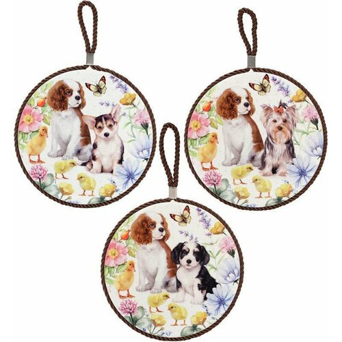 Подставка под горячее Щенки 16см с текстильным шнуром