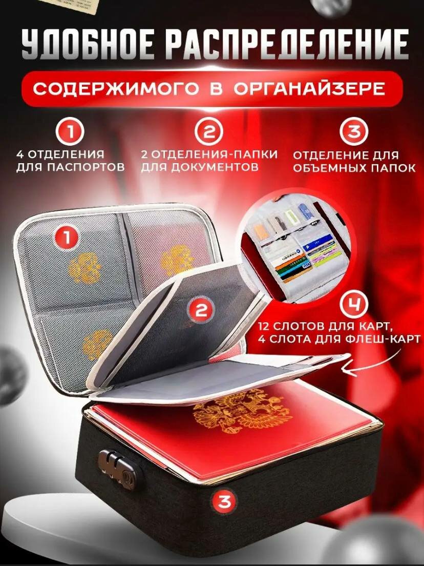 Органайзер для хранения документов с кодовым замком А4 папка сумка в поездку контейнер для вещей файлы, цвет черный — фото 1