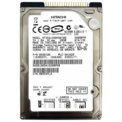 Жесткий диск Hitachi HTS541260H9AT00 60Gb 5400 IDE 2,5 HDD жесткий диск hitachi 0a25827 60gb 5400 ide 2 5 hdd