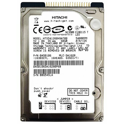 Жесткий диск Hitachi HTS541260H9AT00 60Gb 5400 IDE 25 HDD 921500₽