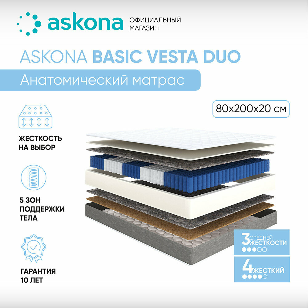 Матрас анатомический Askona (Аскона) Basic Vesta Duo 80х200