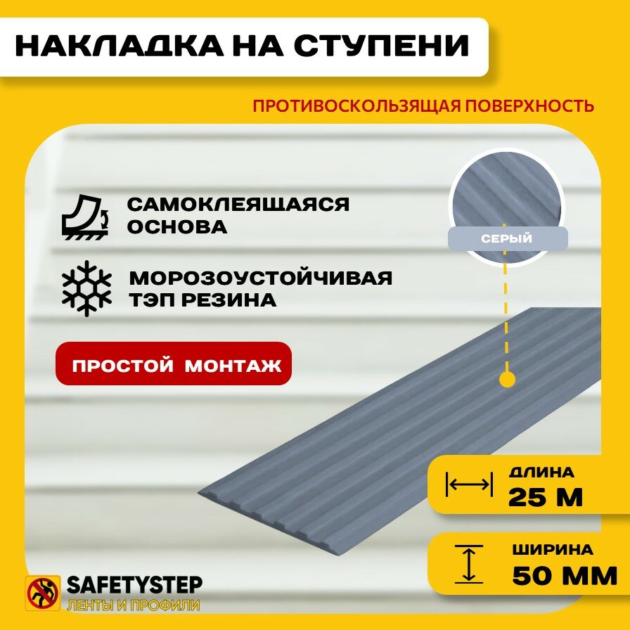 Самоклеящаяся резиновая тактильная полоса против скольжения, 50мм х 3мм, SAFETYSTEP, цвет серый, длина 25м - фотография № 1