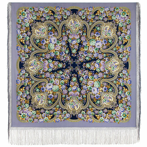 фото Шаль павловопосадская платочная мануфактура, шерсть, с бахромой, 148х148 см, фиолетовый, синий
