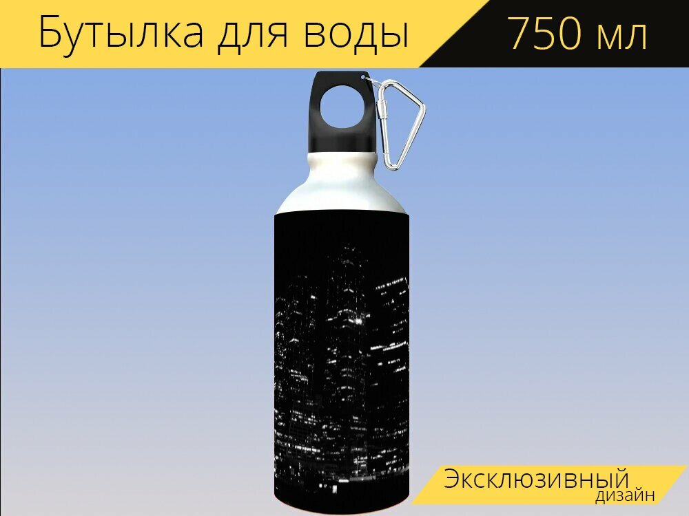 Бутылка фляга для воды "Ночная москва, москва сити, ночь" 750 мл. с карабином и принтом
