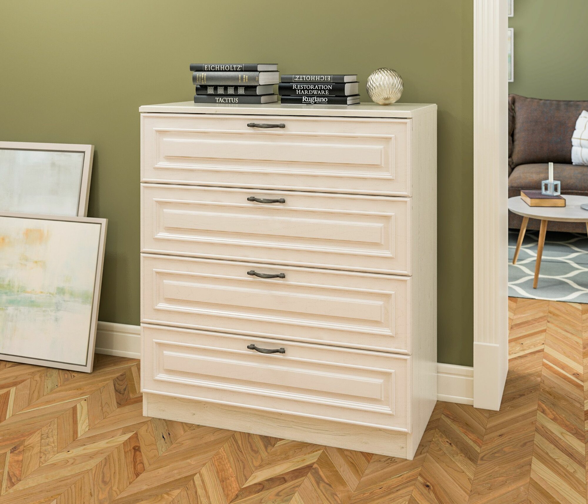 фото Комод столплит Гранд СБ-3525 с 4 выдвижными ящиками, ЛДСП, Дуб Приморский Белый/МДФ Классика Светлый, 88х99х41 см