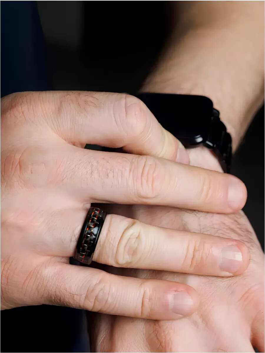 Кольцо JEWELLMAN, карбон, размер 18, ширина 8 мм, красный/черный — фото 1