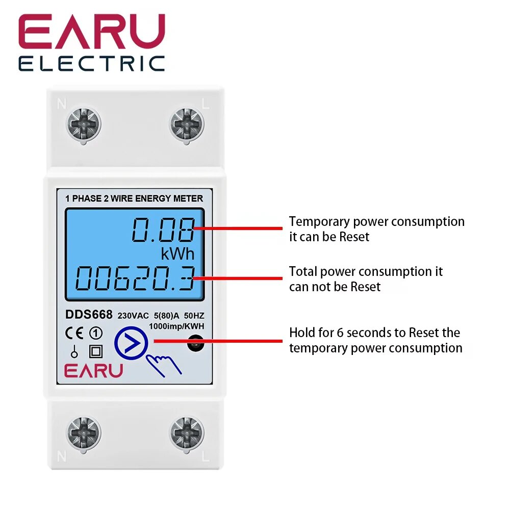 Ваттметры EARUELECTRIC Цифровой однофазный счетчик энергии 220В, 220V 50Hz