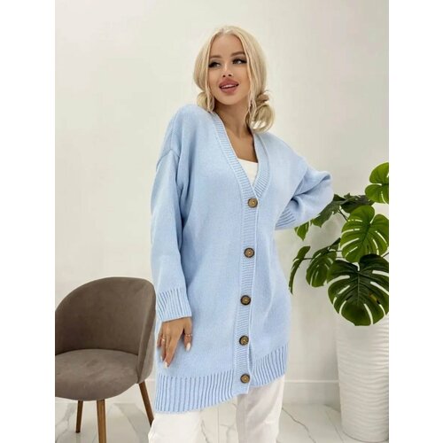 Кардиган Effecto, шерсть, длинный рукав, оверсайз, удлиненный, размер 42-48 (ONE-SIZE), голубой