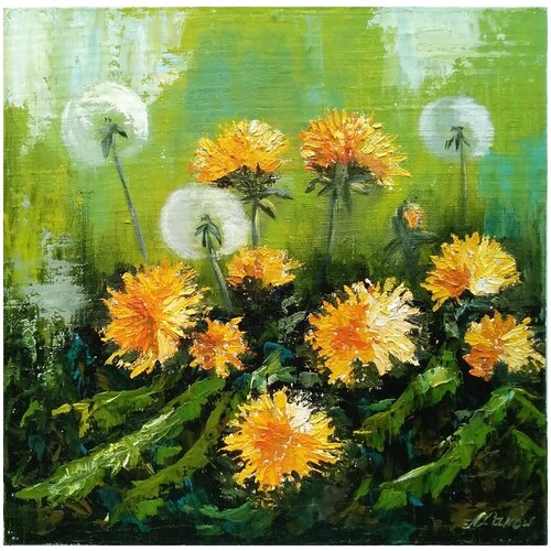 Авторская интерьерная картина на стену маслом - Желтые одуванчики на зеленой поляне, 30х30 см.