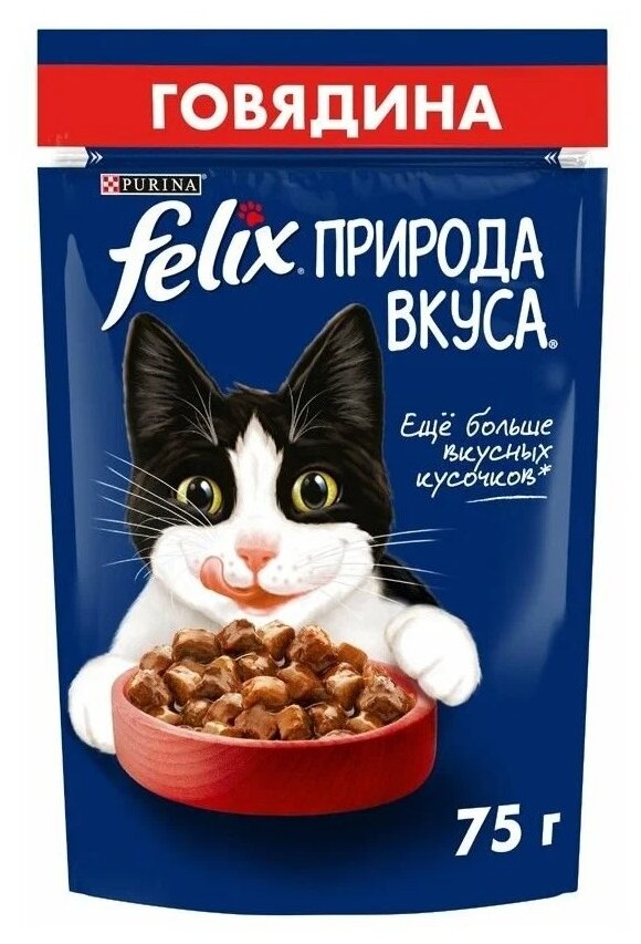 Влажный корм Felix Природа вкуса для взрослых кошек, с говядиной в соусе, 75 г*26 шт