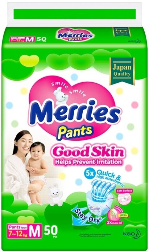 Подгузники-трусики Merries Good Skin M 7-12 кг, 50 шт