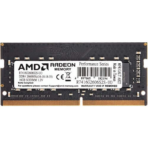 Оперативная память AMD Radeon R7 Performance 16 ГБ DDR4 SODIMM CL16 R7416G2606S2S-UO 32gb amd radeon™ ddr4 3200 so dimm r9 gamer series gaming memory r9432g3206s2s uo non ecc cl16 r9432g3206s2s uo 1 2v bulk tray