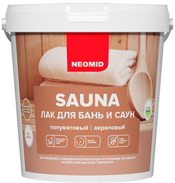 Лак для Бань и Саун Neomid Sauna 1л Акриловый, Сохраняет Натуральный Запах Древесины / Неомид Сауна.