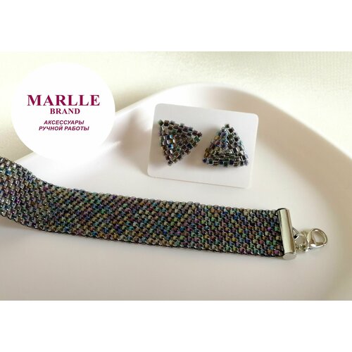 фото Marlle комплект украшений из бисера: серьги-пусеты и браслет из бисера ручной работы в подарочной упаковке, темно-серый с цветным переливом