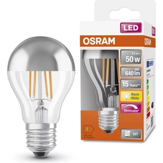 Светодиодная лампа Ledvance-osram Osram CL A 50D MIRROR S 6.5W/827 230V DIM FIL E27 650Lm d60*105 (зерк. купол)