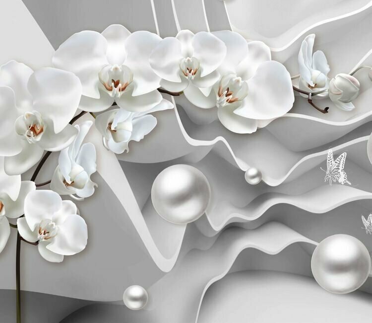 Моющиеся виниловые фотообои Орхидея и бусы монохром 3D, 300х260 см