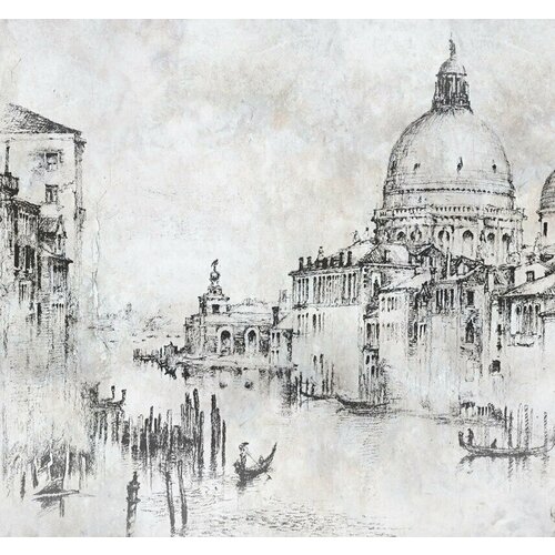 Моющиеся виниловые фотообои GrandPiK Венеция гравюра черно-белое, 300х280 см