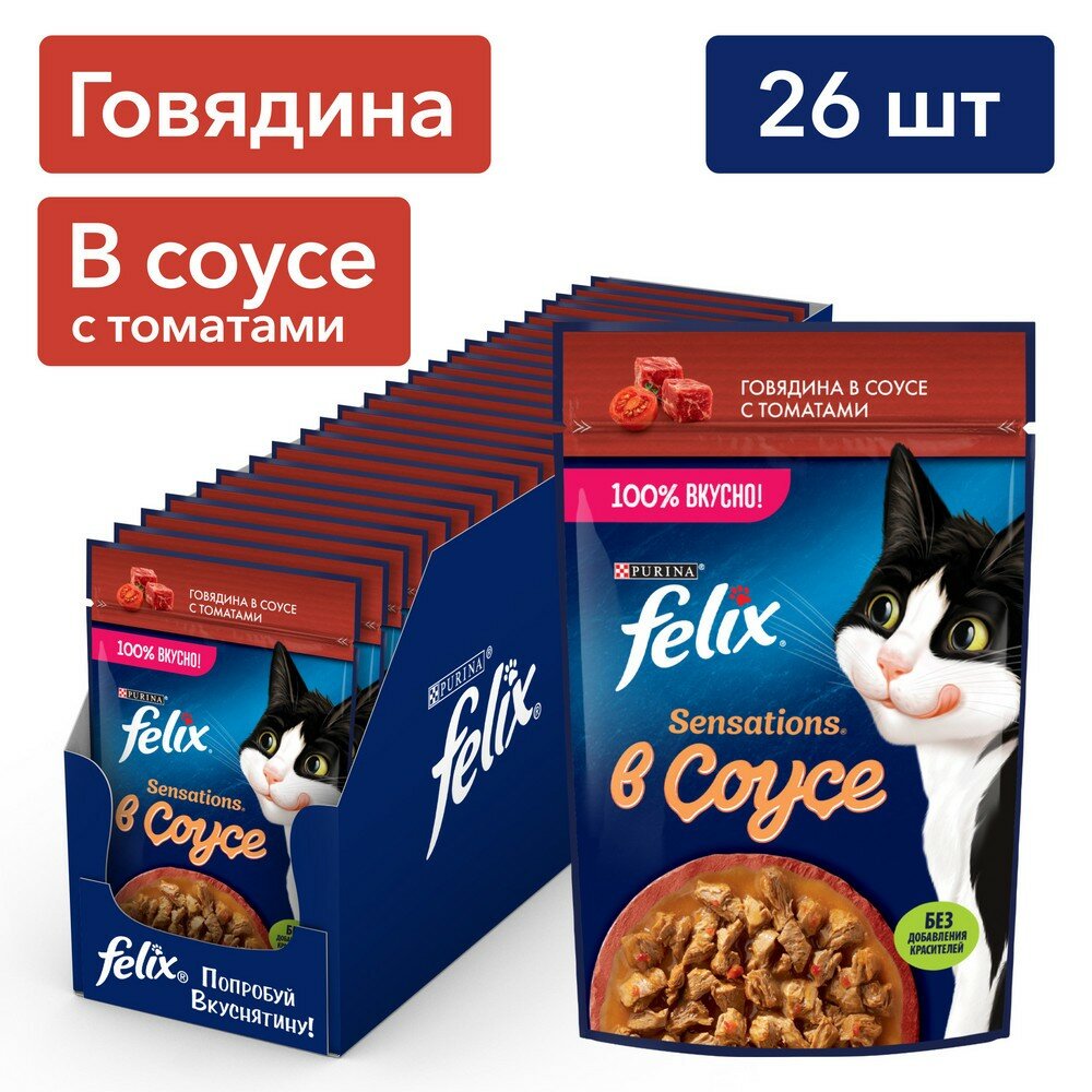 Felix Sensations пауч для кошек (кусочки в соусе) Говядина и томат, 75 г. упаковка 26 шт - фотография № 10