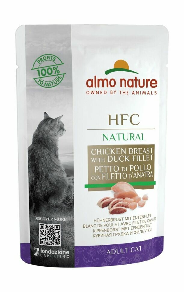 Almo Nature Паучи 75% мяса для Кошек Куриная грудка и Утиное филе (HFC - Natural - Chicken Breast and Duck Fillet ) 55гр (24 пауча)