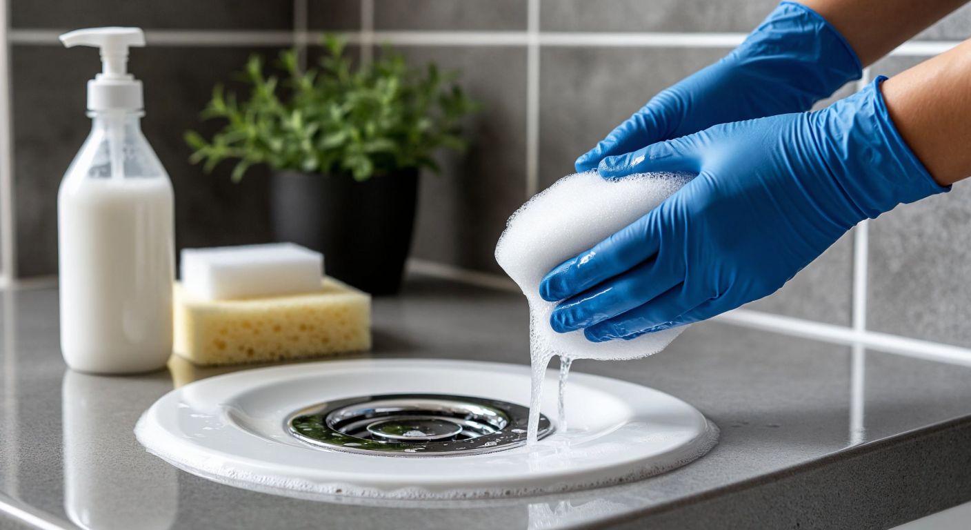 A close-up of gloved hands scrubbing a white Geberit shower flush with a sponge and a bottle of white vinegar nearby, set against a clean, tiled Turkish bathroom backdrop.