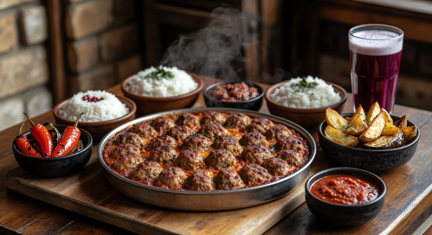 A steaming tray of golden-brown tepsi kebabı sits at the center of a wooden table, surrounded by small bowls of fluffy white pilaf, roasted red peppers and eggplant, spiced potato wedges, a glass of frothy ayran, and a deep-purple şalgam drink, with a rustic Turkish kitchen backdrop.
