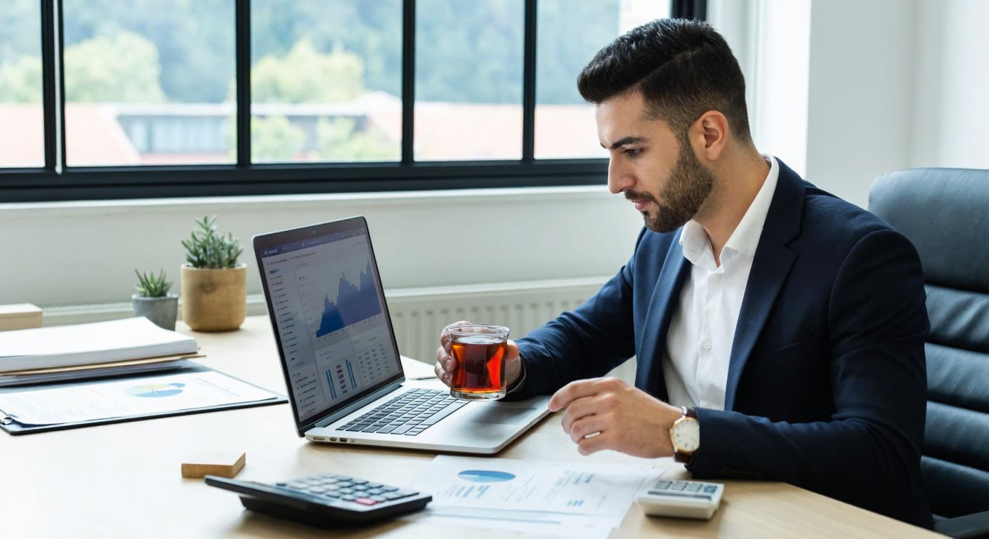 A focused Turkish investor in a modern office reviews financial charts on a laptop while holding a cup of traditional Turkish tea, with a neatly organized desk featuring documents and a calculator.