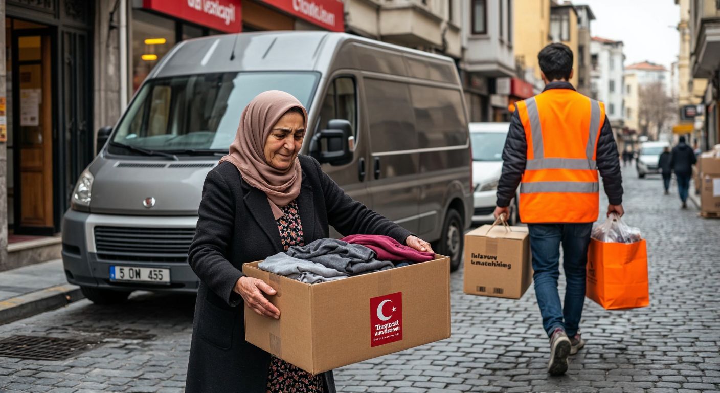 A warm-hearted elderly woman in a modest headscarf carefully folds clean, second-hand clothing into a cardboard box labeled with a Turkish charity logo, while a young volunteer in a bright orange vest carries another box toward a van parked on a cobblestone street in Istanbul.