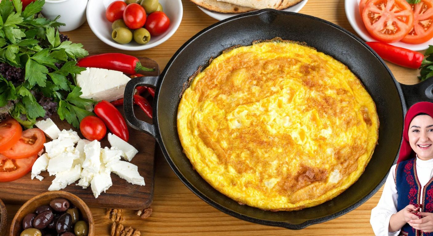 A golden, fluffy omelet sizzling in a cast-iron pan on a Turkish breakfast table, surrounded by fresh vegetables, olives, and feta cheese, with a smiling person in traditional Turkish attire preparing it.