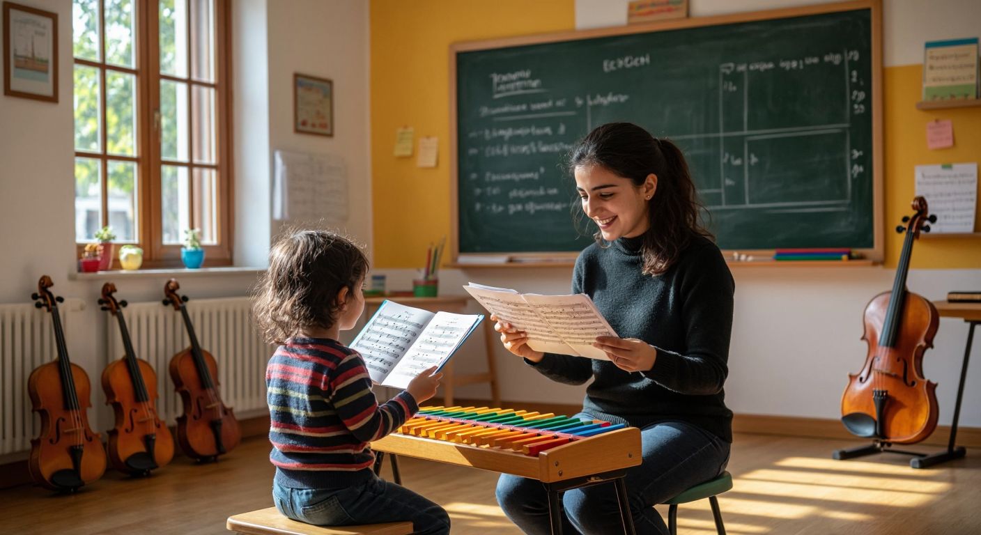 A young Turkish child around 6-9 years old sits attentively in a sunlit music classroom, holding sheet music while a smiling teacher points to notes on a chalkboard, surrounded by colorful xylophones and violins.