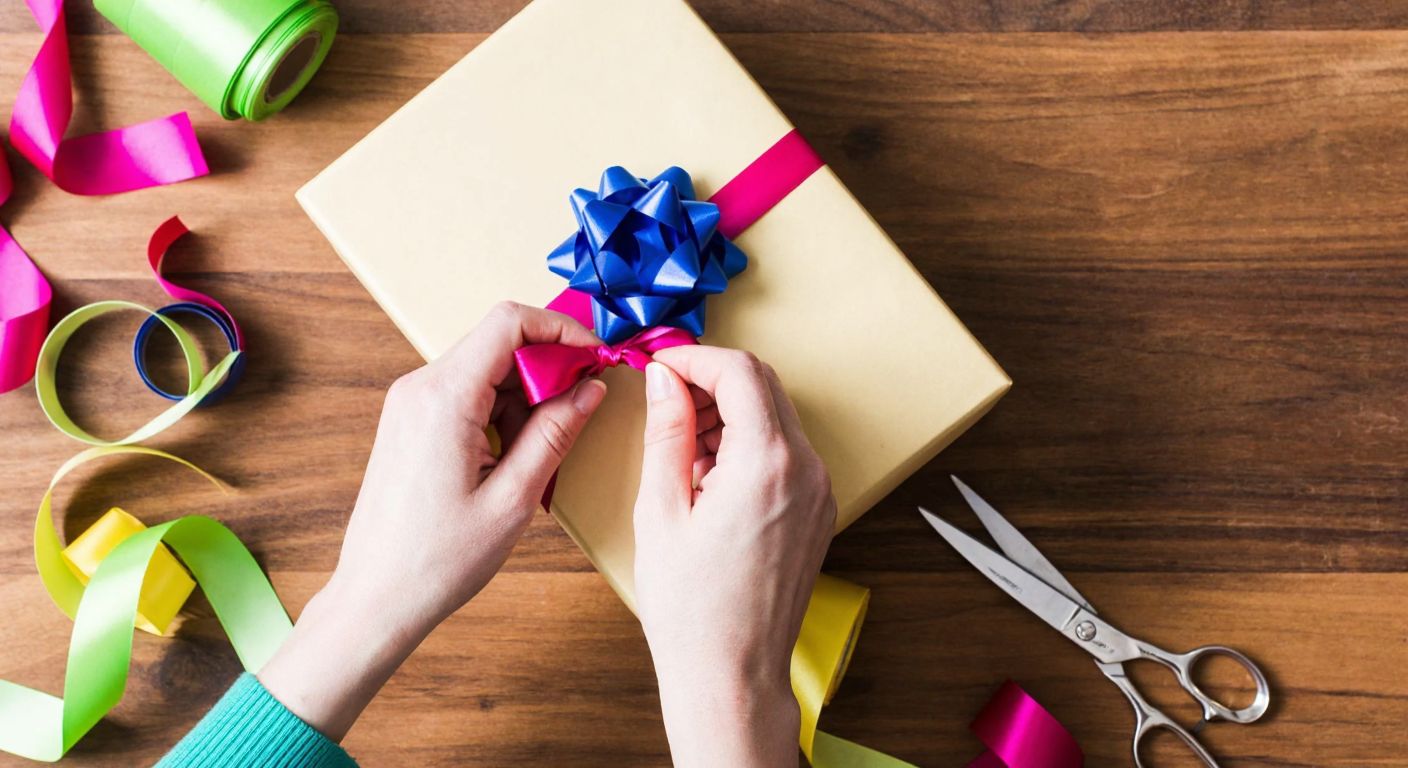 A pair of hands carefully tying a satin ribbon into a classic bow atop a beautifully wrapped gift box, with colorful paper ribbons and scissors nearby on a wooden table.