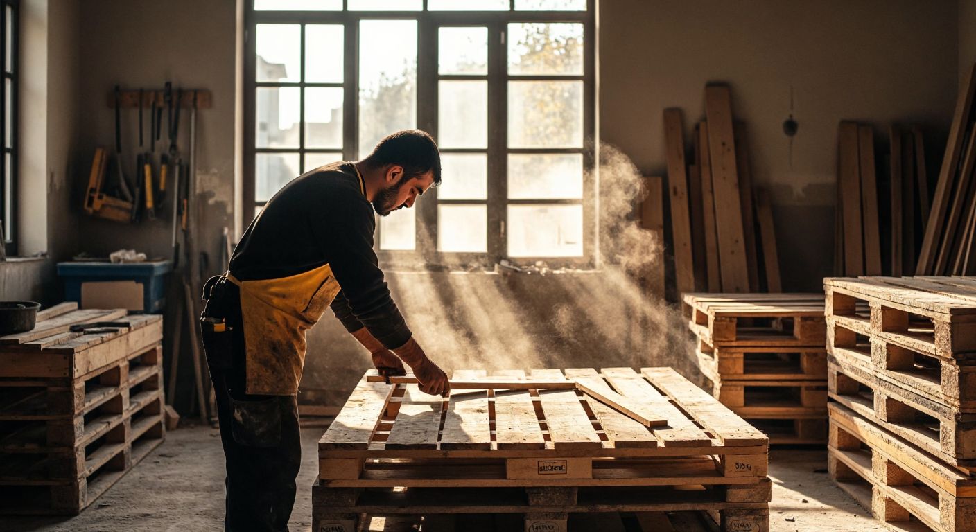 A Turkish worker in a workshop carefully replaces a broken wooden plank on a pallet, surrounded by tools and stacks of repaired pallets, with sunlight streaming through a dusty window.
