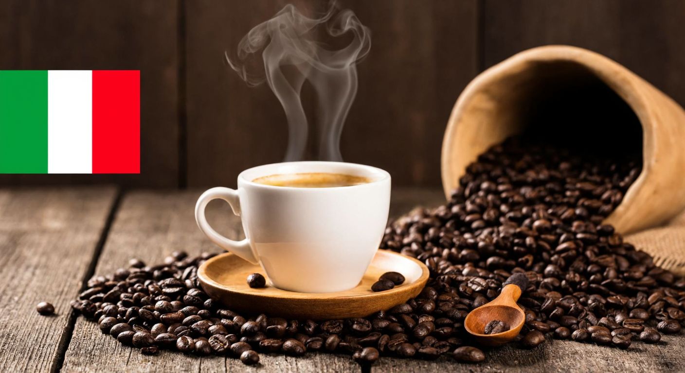 A rustic Italian café scene with a steaming cup of espresso on a wooden table, surrounded by dark roasted coffee beans and a small Italian flag in the background.