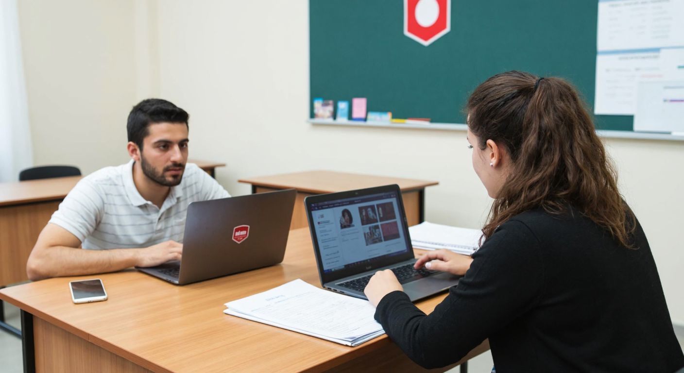 A young teacher candidate in a Turkish classroom attentively observes a mentor teacher grading papers, with a laptop displaying the UOD MEB portal open on a wooden desk nearby.