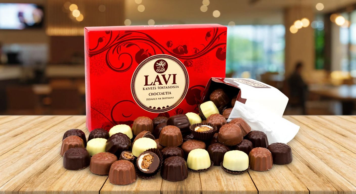 A vibrant display of a large, glossy 1 kg box of mixed Lavi chocolates from Kahve Dünyası, surrounded by scattered individual chocolates with rich fillings, set against a warm wooden table in a cozy Turkish café.