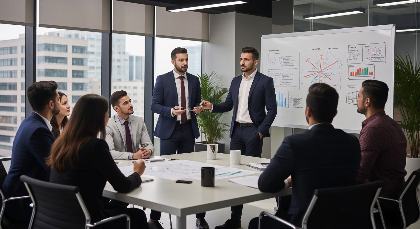 A professional Turkish consultant in a sleek office, pointing at a flowchart on a whiteboard while a diverse group of industrial clients listens attentively.
