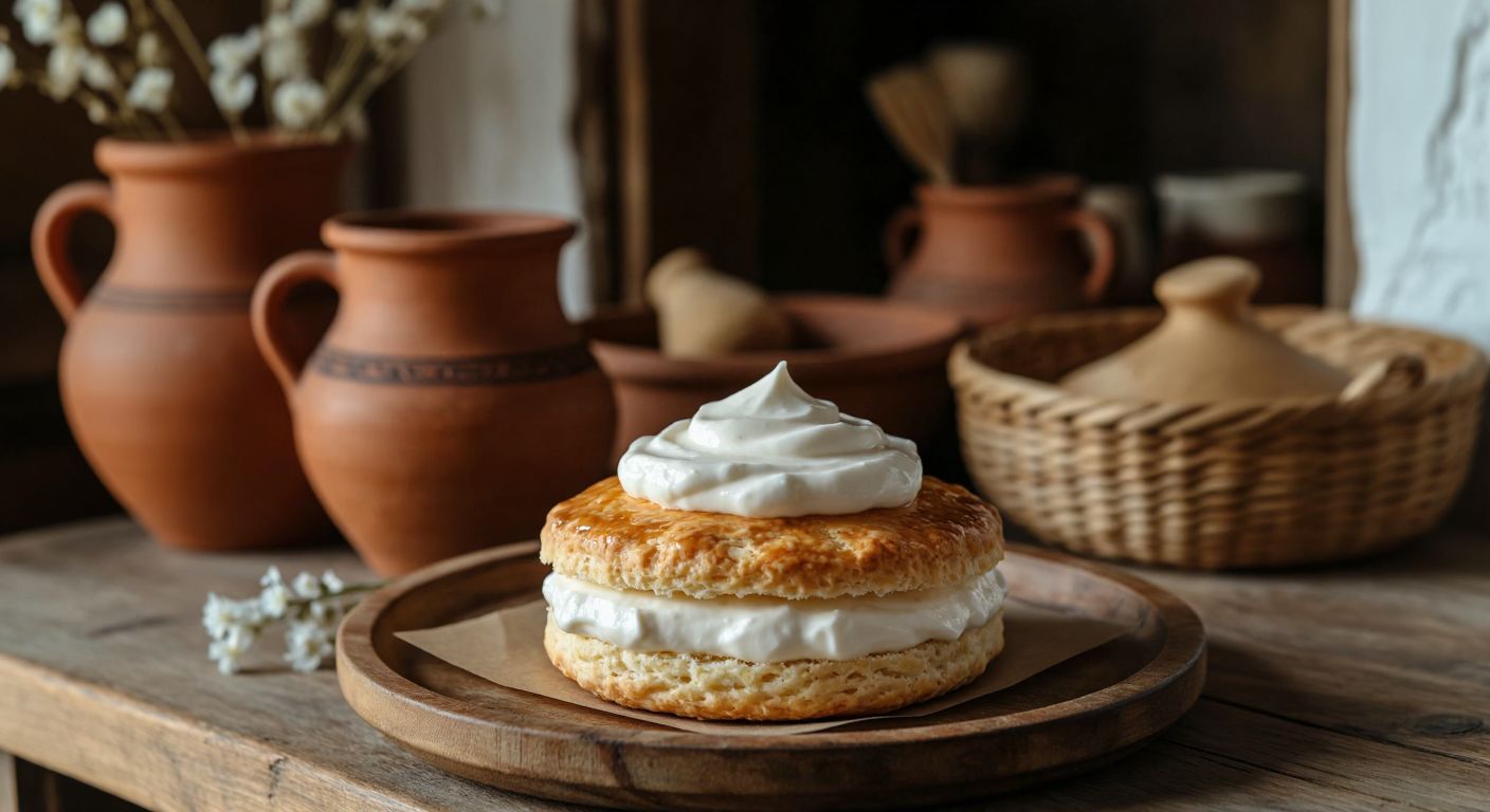 A golden-brown biscuit topped with a thick layer of creamy white kaymak, placed on a rustic wooden tray against the backdrop of a traditional Balıkesir kitchen with terracotta pots and woven baskets.
