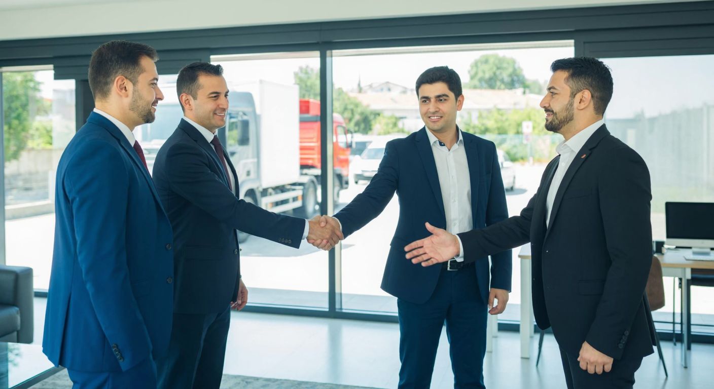A group of well-dressed Turkish businessmen in a modern office shaking hands, with a large truck visible through the window behind them, symbolizing ownership and collaboration in the transportation industry.