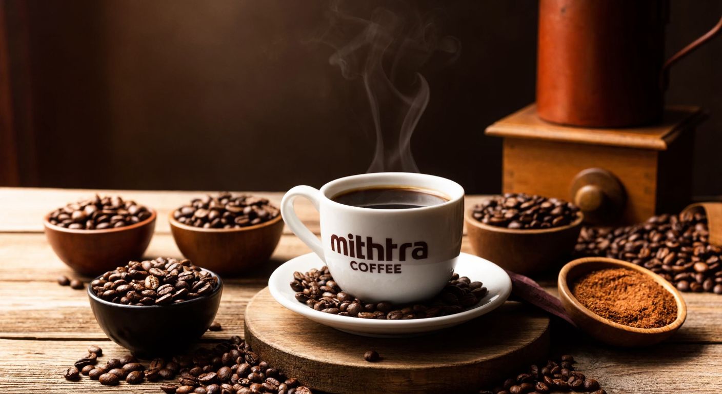 A warm, rustic Turkish café scene with a wooden table holding a steaming cup of Mithra Coffee, surrounded by small bowls of roasted coffee beans from Ethiopia, Peru, Tanzania, Indonesia, and Guatemala, their rich aromas mingling in the air.