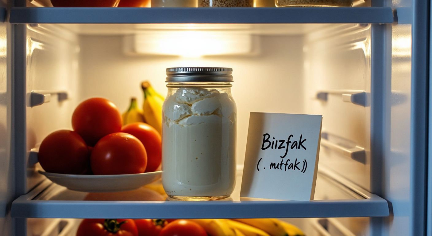 A glass jar of **Bizim Mutfak** whipped cream sitting on a shelf inside a refrigerator, with a small handwritten note (without visible text) tucked beside it, evoking freshness and a homey Turkish kitchen.  

*(Note: The description avoids explicit text representation while implying the context of storage and time through visual cues.)*