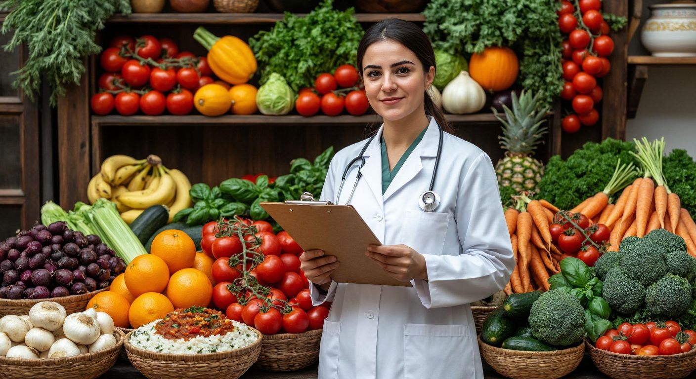 A Turkish nutritionist in a white coat holds a clipboard with a checklist while standing in front of a colorful display of fresh fruits, vegetables, and traditional Turkish dishes like mercimek çorbası and imam bayıldı.