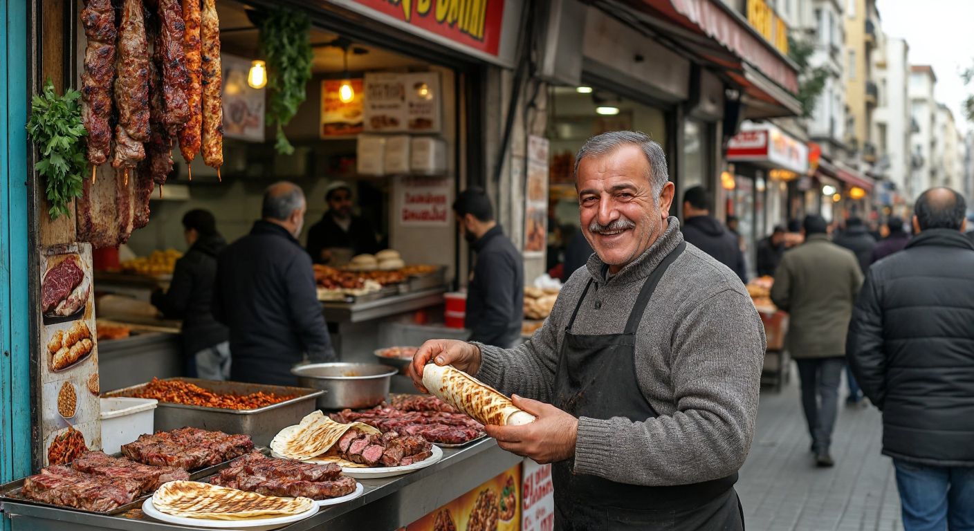 A bustling street in Kadıköy with a small, lively dürüm shop, where a middle-aged Turkish man with a warm smile (Rüstem Cankesen) hands a freshly wrapped dürüm to a customer amid the aroma of grilled meat and spices.