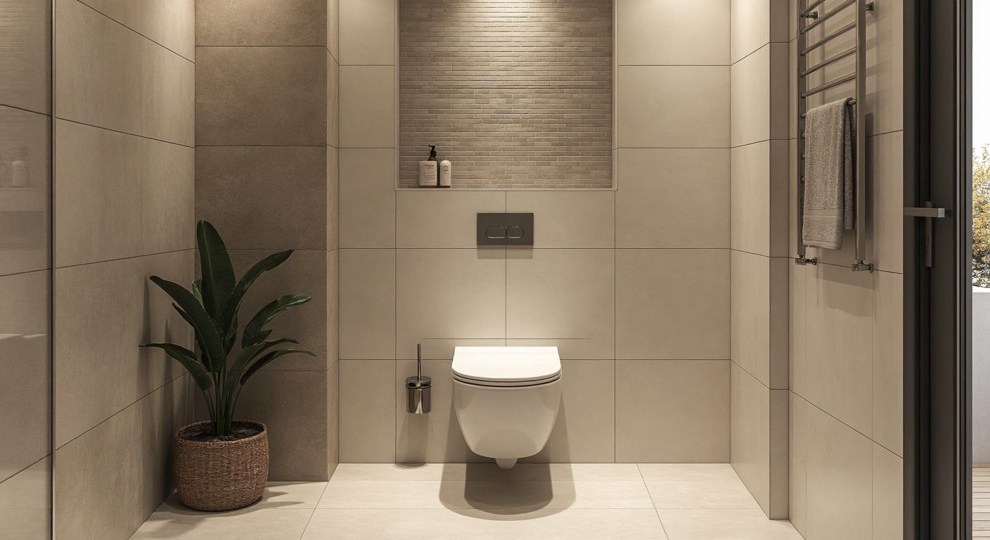 A modern Turkish bathroom with a sleek wall-mounted toilet tank seamlessly embedded into the tiled wall, contrasting with a traditional floor-mounted toilet beside it, both surrounded by clean white ceramic tiles and warm lighting.