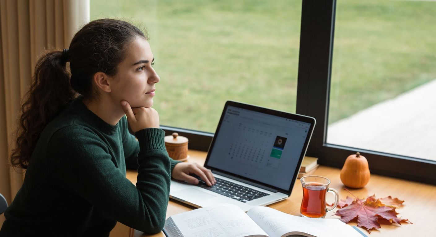 A young student in Turkey sits at a wooden desk with a laptop, surrounded by open textbooks and a steaming cup of Turkish tea, looking thoughtfully at a calendar with autumn leaves scattered nearby.