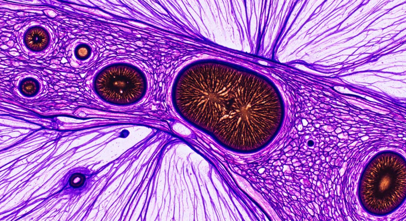 A magnified, abstract cross-section of liver tissue with star-shaped Ito cells, hepatocyte microvilli, and delicate collagen fibers suspended in a fluid-filled space.