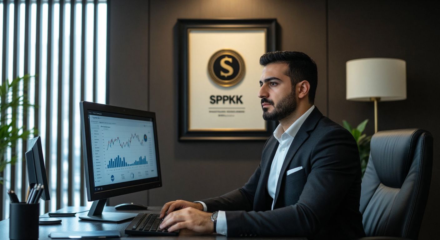A confident Turkish businessman in a sleek office reviews financial charts on a monitor, while a framed certificate from SPK hangs on the wall behind him, symbolizing trust and regulation.