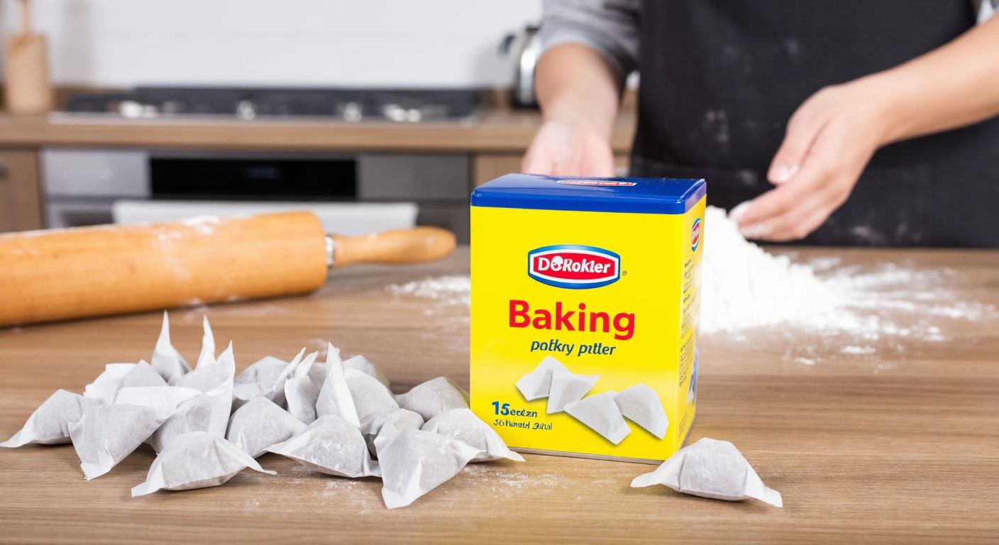A bright yellow box of Dr. Oetker baking powder sits on a wooden kitchen counter in Turkey, surrounded by 15 small white sachets spilling out, with a rolling pin and flour-dusted hands in the background.