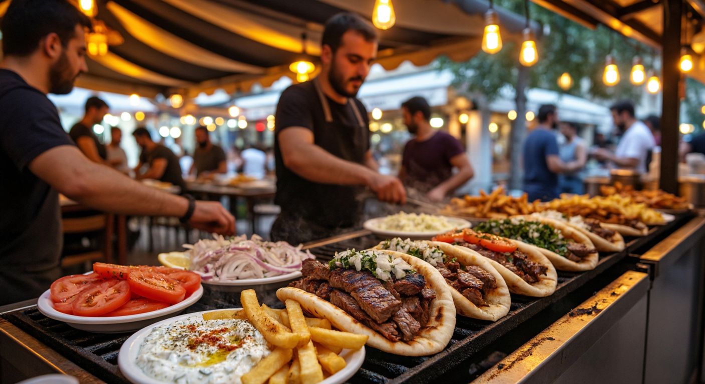 A bustling Thessaloniki street vendor grilling juicy gyros meat, served in warm pita bread with fresh tomatoes, onions, crispy fries, and creamy tzatziki, surrounded by hungry locals under the glow of a rustic taverna's lights.